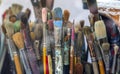 Work set of used brushes in the artists workshop