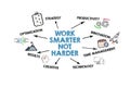 Work Smarter Not Harder. Illustration with icons, arrows and keywords on a white background