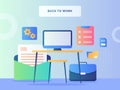 Work space computer on desk back ground of suitcase mail file folder clipboard gear back to work concept with flat style Royalty Free Stock Photo