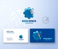 Work Space Coworking. Abstract Vector Logo and Business Card Template. Space Suit Helmet Face Combined with Gear