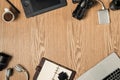 Work space for photographer, graphic designer. Flat lay of laptop, camera, colorchart, digital tablet, coffee cup, book, pencil o
