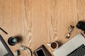 Work space for photographer, graphic designer. Flat lay of laptop, camera, colorchart, digital tablet, coffee cup, book, pencil o