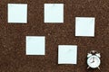 Work space and time management concept. Start of freelancers working day. Sticky notes for recording plans and results Royalty Free Stock Photo