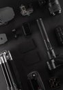 Work space videographer with laptop, digital camera, memory card, action camera, drone, remote controller, phone and camera Royalty Free Stock Photo