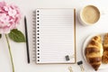 Work space withopen empty notebook, cup of coffee and croissant, pink hydrangea. To do plan Royalty Free Stock Photo