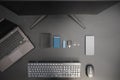 Work station for a content creator or digital worker with laptop, keyboard, memory cards, external hard drive and usb. Back Royalty Free Stock Photo