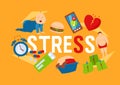 Work and stress factors icons banner vector illustration. Crying kid character. Health problems. Fat man, broken heart