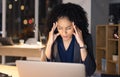 Work stress, headache and black woman working on a office computer at night on business deadline. Anxiety, burnout and Royalty Free Stock Photo