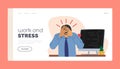 Work and Stress Landing Page Template. Burned Down Businessman in Depression Sitting at Office Desk with Headacheat