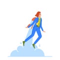 Work Success, Startup Boost. Happy Business Woman Manager Fly on Jetpack to Goal Achievement Cartoon Vector Illustration
