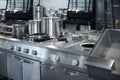Work surface and kitchen equipment in professional kitchen, view counter in stainless steel Royalty Free Stock Photo