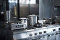 Work surface and kitchen equipment in professional kitchen, view counter in stainless steel Royalty Free Stock Photo