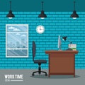 Work time desk clock chair laptop window brick wall