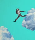 Young manager, finance analyst or clerk jumping, flying in his dreams isolated on light blue background. Collage