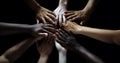 Work together, support each other, diversity, unity concept with many hands put together in the air.