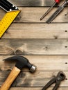 Work tools for carpenter on wooden background. Carpentry Royalty Free Stock Photo