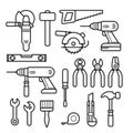 Work tools line icons - puncher, drill, wrench, saw, pliers and construction tools kit