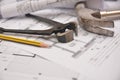 Work tools on project design costruction building house Royalty Free Stock Photo