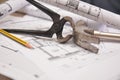 Work tools on project design costruction building house Royalty Free Stock Photo