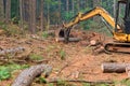 Work on a tractor manipulator to uproot trees with the aim of lifting logs to prepare land for the construction of new Royalty Free Stock Photo