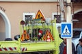 Work Truck With Different Road Signs And Road Maintenance Tools