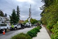 Work trucks and crews installing 5G, new technology, wireless communications cell site