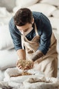 Work in warehouse with crops and ingredients for making craft beer at covid Royalty Free Stock Photo