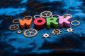 Work wording and wooden cogwheels as industry mechanism