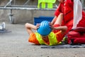 Work or workplace accident at construction site. First aid and CPR training. Royalty Free Stock Photo