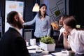 Workaholic focused businesswoman explaining management solution pointing strategy on monitor