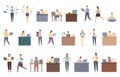 Workaholic icons set cartoon vector. Tired woman