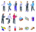 Workaholic icons set isometric vector. Tired woman Royalty Free Stock Photo