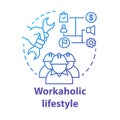 Workaholic lifestyle blue concept icon. Ergomaniac idea thin line illustration. Work addiction, obsessive disorder