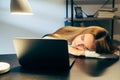 workaholic remote job tired sleeping woman office Royalty Free Stock Photo