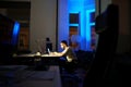 Workaholic man stay in office overtime prepare for business presentation or startup launch at night