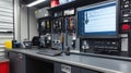 A workbench with advanced diagnostic tools such as vibration analyzers and thermal imaging cameras used to collect data Royalty Free Stock Photo