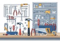 Workbench displays a hammer, screwdriver, pliers, wrenches, nuts, Royalty Free Stock Photo
