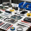 Wire spools, pliers, and precision screwdrivers suggest fine electronics work Royalty Free Stock Photo