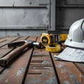 Workbench with scattered construction tools including a weathered hammer, yellow tape measure Royalty Free Stock Photo