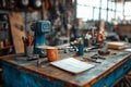 A workbench in a workshop with tools, a mug, and a notepad, suggesting a break during work Royalty Free Stock Photo