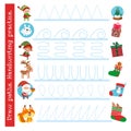 Workbook, copybook for preschoolers. Writing practice. Christmas and cartoon characters. Vector illustration.