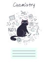 Workbook cover for school subject chemistry with a cute cat