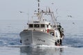 Trawler fishing boat in open waters in course to La Vila port.