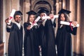 We worked hard and got results!Group of smiling graduates showing their diplomas ,standing together in university hall and looking Royalty Free Stock Photo