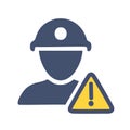 Worker alert icon. Construction worker icon with warning sign symbolizing safety, caution, and danger in workplace