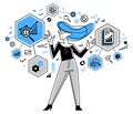 Worker analyzes some data and systematizing information, vector outline illustration, abstract big data analysis.