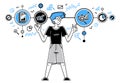 Worker analyzes some data and systematizing information, vector outline illustration.