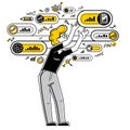 Worker analyzes some data and systematizing information, vector outline illustration, abstract big data analysis.