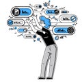 Worker analyzes some data and systematizing information, vector outline illustration.