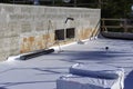 Worker on application Synthetic waterproofing PVC-P and TPO / FPO Royalty Free Stock Photo